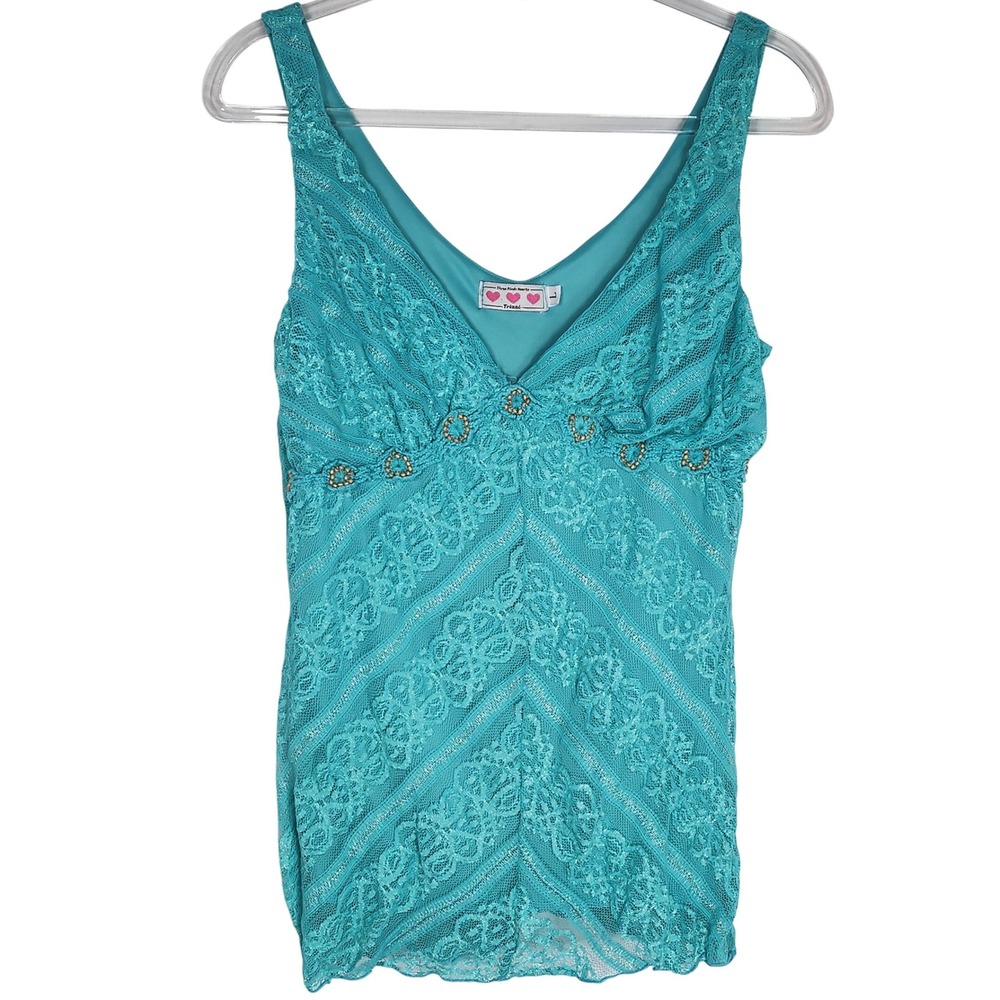 Vintage Y2K‎ 90s Babydoll Lace Cami Tank Top Beaded Turquoise Coquette USA Large
